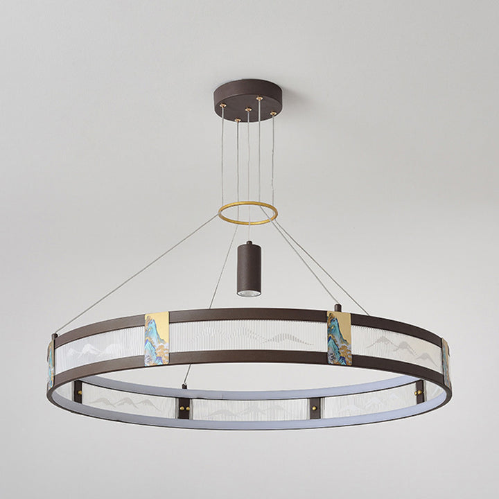 Traditionelle chinesische Eisen Acryl Edelstahl Runde Emaille Malerei LED Kronleuchter Spot für Wohnzimmer 