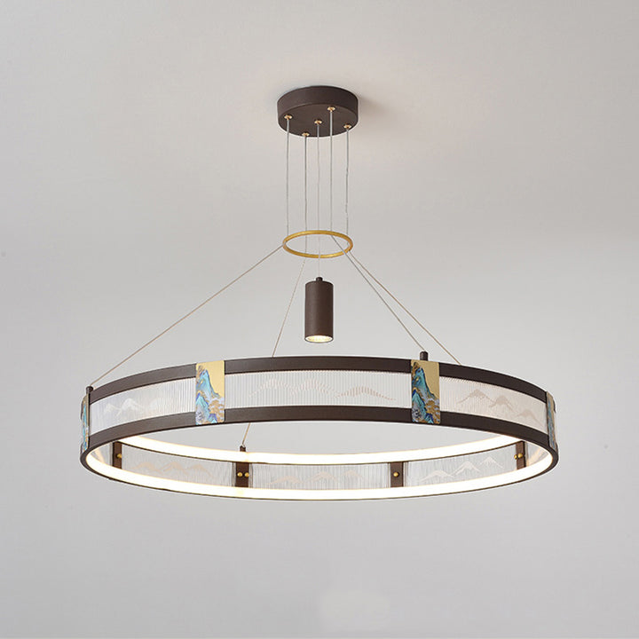 Traditionelle chinesische Eisen Acryl Edelstahl Runde Emaille Malerei LED Kronleuchter Spot für Wohnzimmer 