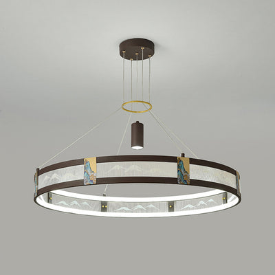 Traditional Chinese Iron Acrylic Stainless Steel Round Enamel Painting LED Chandeliers Spotlight For Living Room