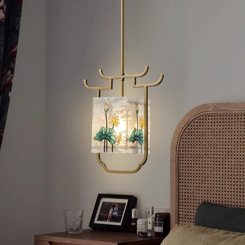 Traditionelle chinesische Kupfer-Glas-Emaille-Malerei Lotus Hirsch 1-Licht Pendelleuchte für das Bett 