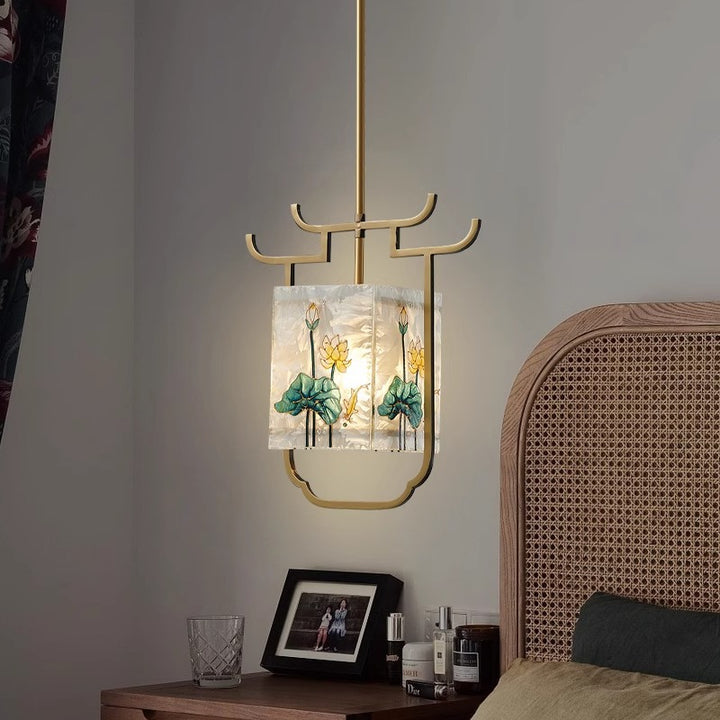 Traditionelle chinesische Kupfer-Glas-Emaille-Malerei Lotus Hirsch 1-Licht Pendelleuchte für das Bett 
