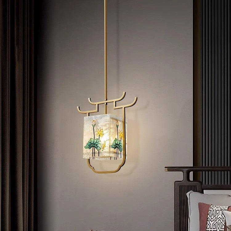 Traditionelle chinesische Kupfer-Glas-Emaille-Malerei Lotus Hirsch 1-Licht Pendelleuchte für das Bett 