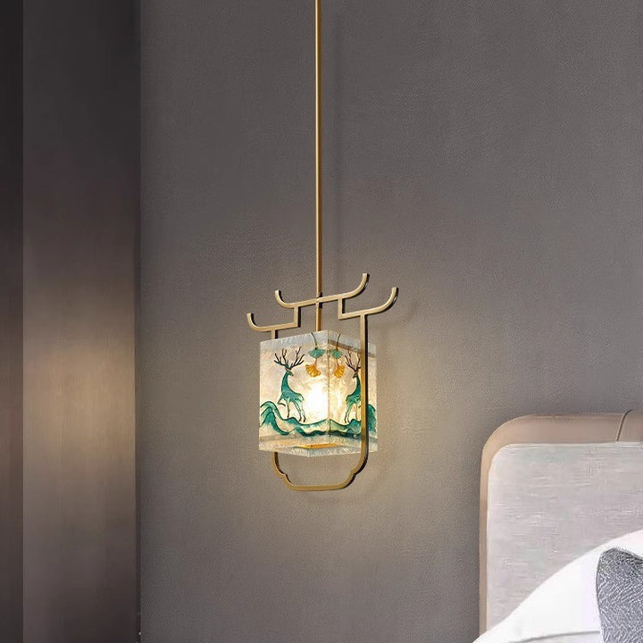 Traditionelle chinesische Kupfer-Glas-Emaille-Malerei Lotus Hirsch 1-Licht Pendelleuchte für das Bett 