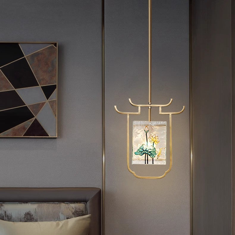 Traditional Chinese Copper Glass Enamel Painting Lotus Deer 1-Light Pendant Light For Bedside