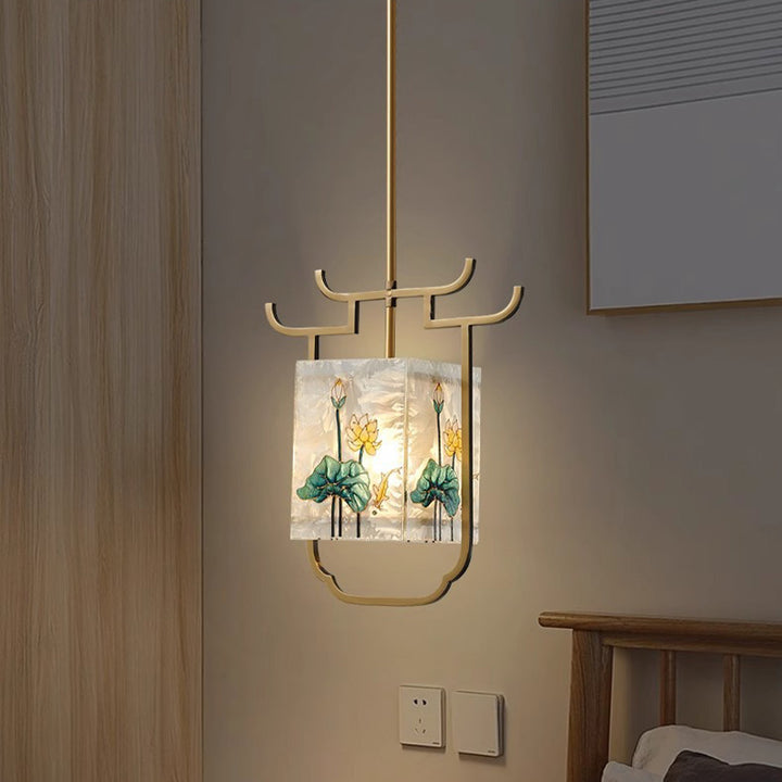 Traditionelle chinesische Kupfer-Glas-Emaille-Malerei Lotus Hirsch 1-Licht Pendelleuchte für das Bett 
