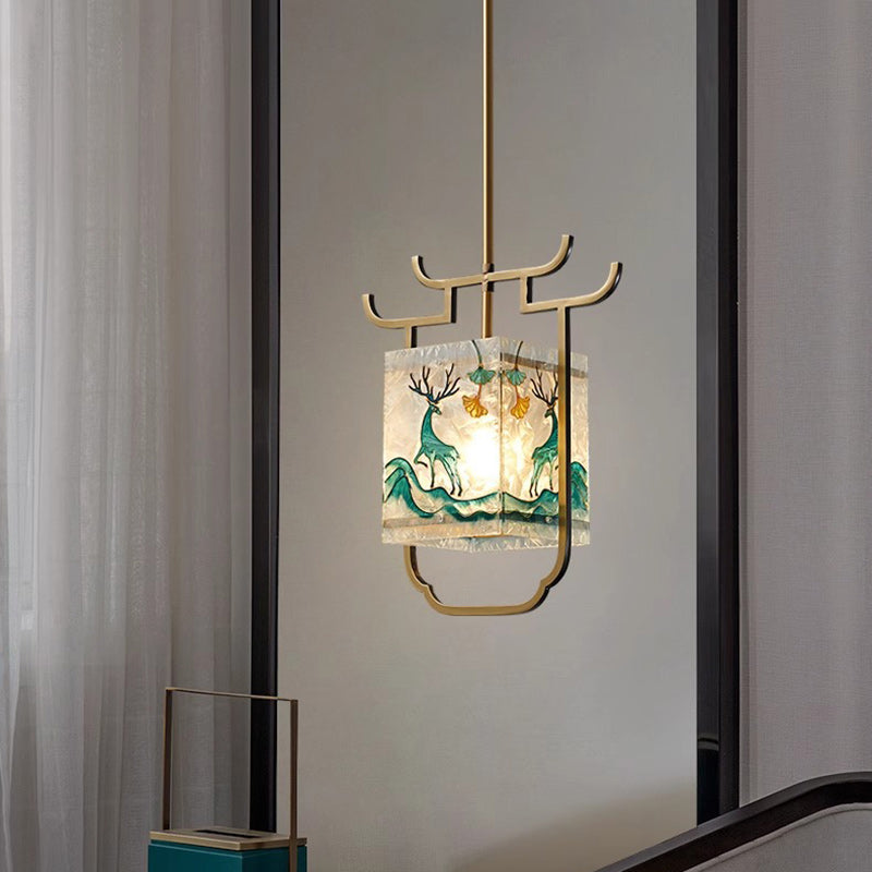 Traditionelle chinesische Kupfer-Glas-Emaille-Malerei Lotus Hirsch 1-Licht Pendelleuchte für das Bett 