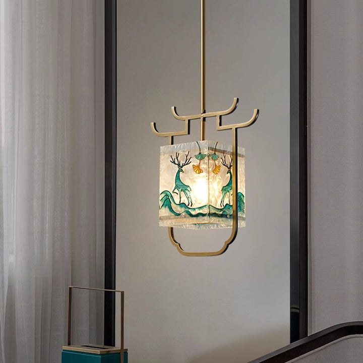 Traditionelle chinesische Kupfer-Glas-Emaille-Malerei Lotus Hirsch 1-Licht Pendelleuchte für das Bett 