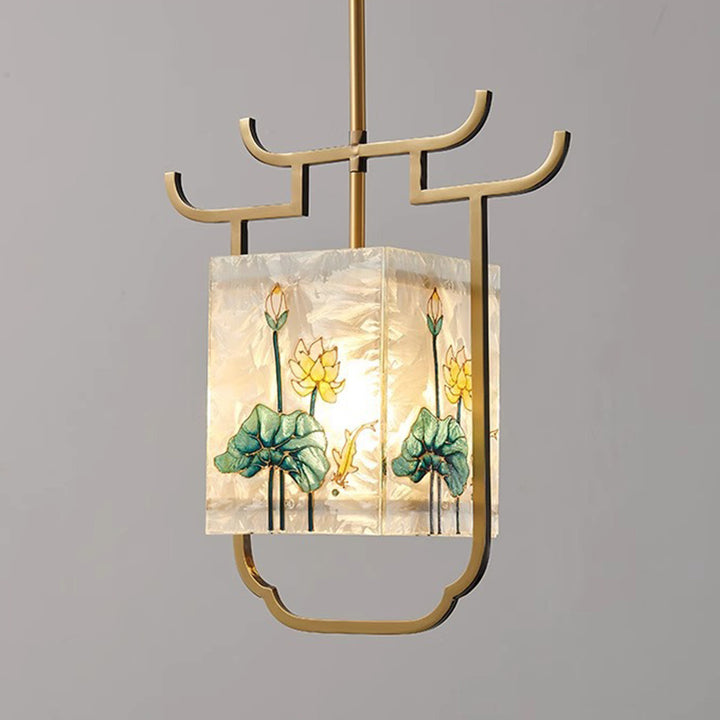 Traditionelle chinesische Kupfer-Glas-Emaille-Malerei Lotus Hirsch 1-Licht Pendelleuchte für das Bett 