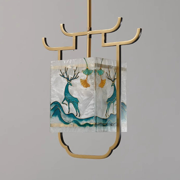 Traditionelle chinesische Kupfer-Glas-Emaille-Malerei Lotus Hirsch 1-Licht Pendelleuchte für das Bett 