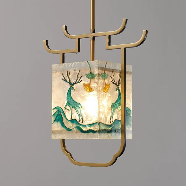Traditionelle chinesische Kupfer-Glas-Emaille-Malerei Lotus Hirsch 1-Licht Pendelleuchte für das Bett 