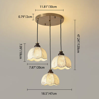 Traditional French Wood Iron Fabric Dome Flower Pattern 1/3 Light Pendant Light For Dining Room