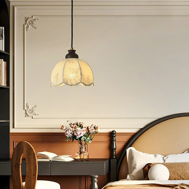 Traditional French Wood Iron Fabric Dome Flower Pattern 1/3 Light Pendant Light For Dining Room