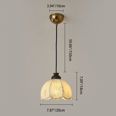 Traditional French Wood Iron Fabric Dome Flower Pattern 1/3 Light Pendant Light For Dining Room