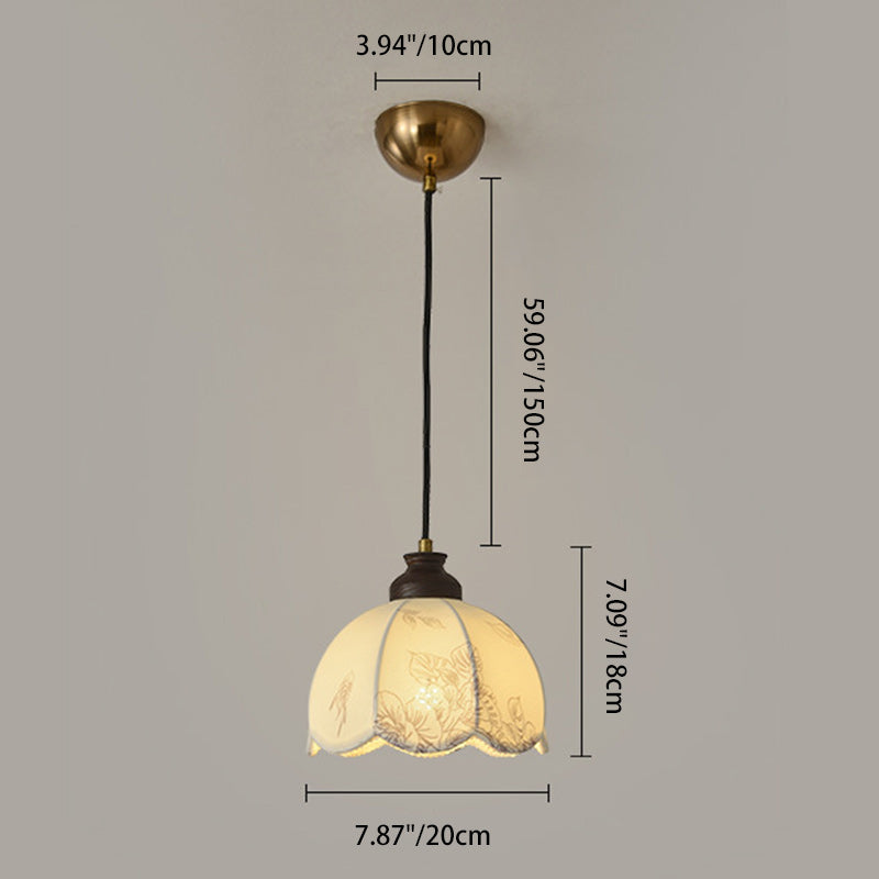 Traditional French Wood Iron Fabric Dome Flower Pattern 1/3 Light Pendant Light For Dining Room