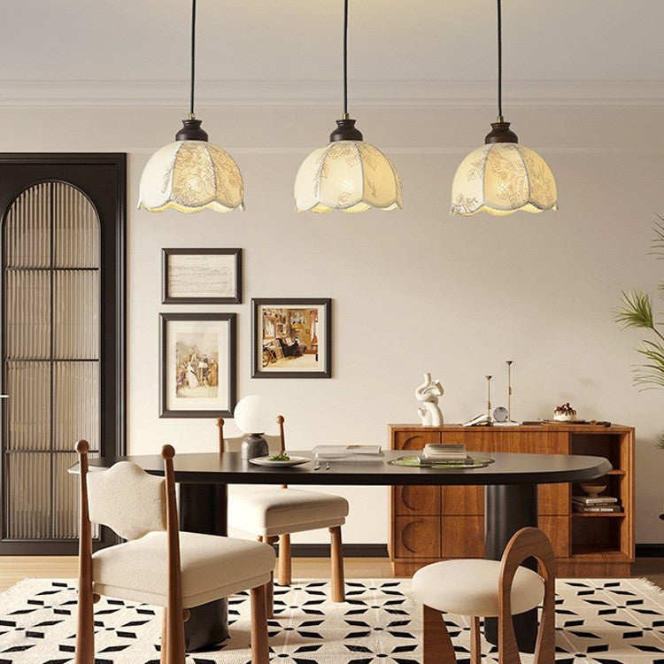Traditional French Wood Iron Fabric Dome Flower Pattern 1/3 Light Pendant Light For Dining Room