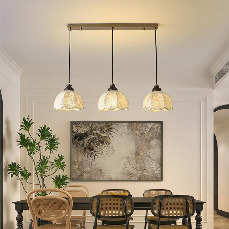 Traditional French Wood Iron Fabric Dome Flower Pattern 1/3 Light Pendant Light For Dining Room