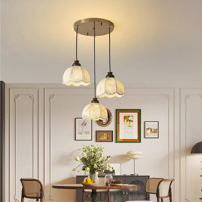 Traditional French Wood Iron Fabric Dome Flower Pattern 1/3 Light Pendant Light For Dining Room