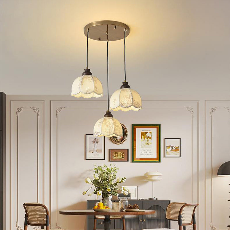 Traditional French Wood Iron Fabric Dome Flower Pattern 1/3 Light Pendant Light For Dining Room