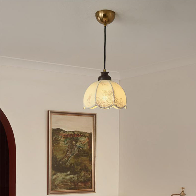 Traditional French Wood Iron Fabric Dome Flower Pattern 1/3 Light Pendant Light For Dining Room