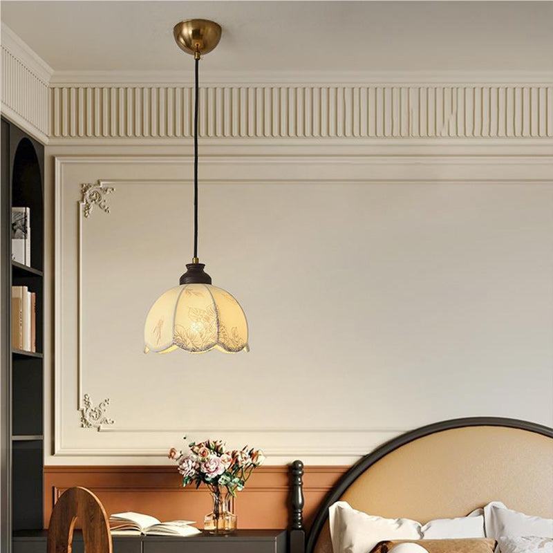 Traditional French Wood Iron Fabric Dome Flower Pattern 1/3 Light Pendant Light For Dining Room