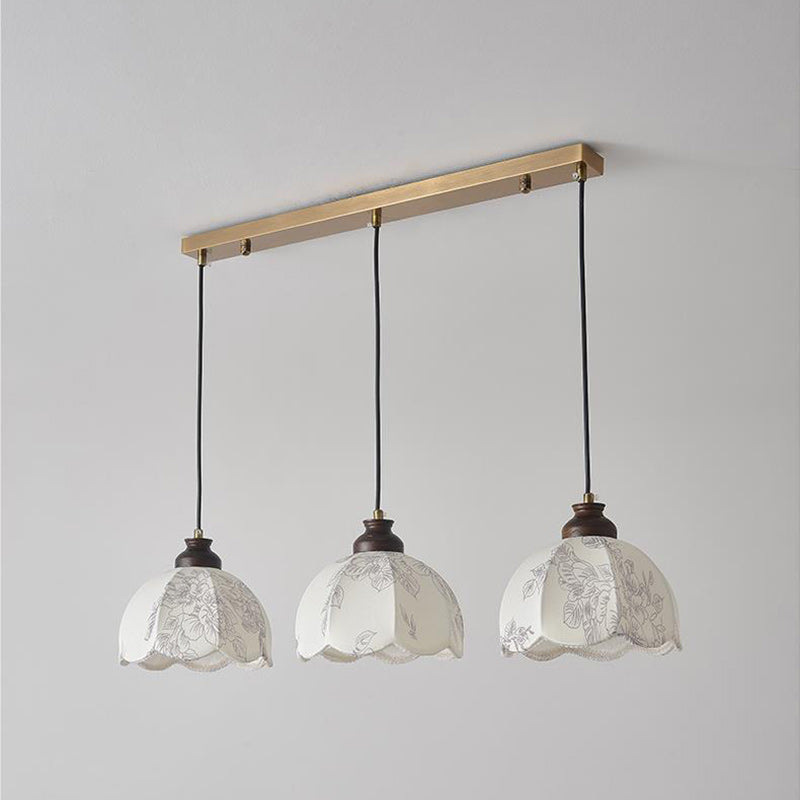Traditional French Wood Iron Fabric Dome Flower Pattern 1/3 Light Pendant Light For Dining Room
