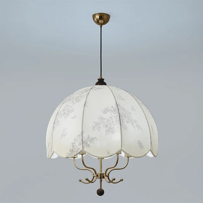 Traditional French Wood Iron Fabric Dome Flower Pattern 4/5 Light Chandeliers For Dining Room