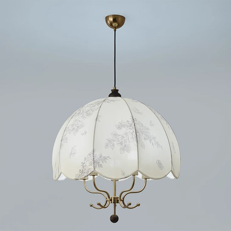 Traditional French Wood Iron Fabric Dome Flower Pattern 4/5 Light Chandeliers For Dining Room