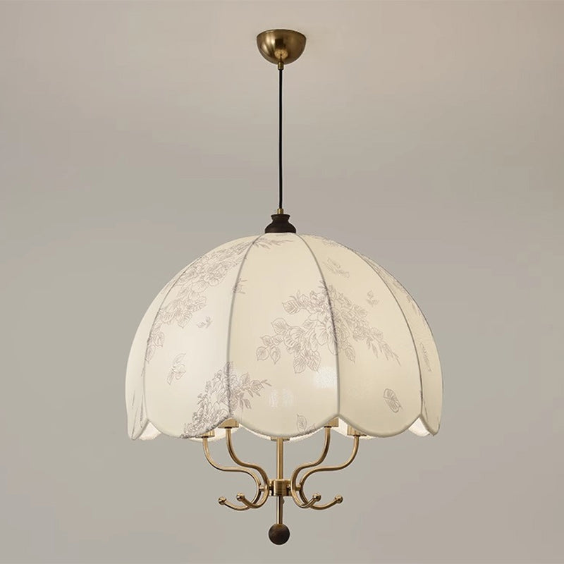 Traditional French Wood Iron Fabric Dome Flower Pattern 4/5 Light Chandeliers For Dining Room