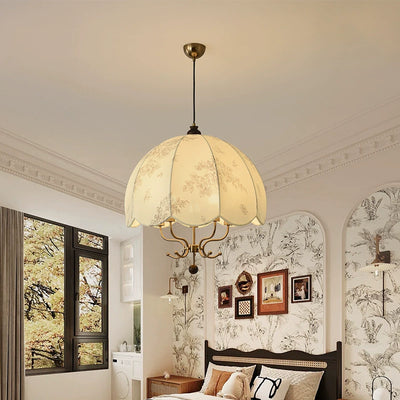 Traditional French Wood Iron Fabric Dome Flower Pattern 4/5 Light Chandeliers For Dining Room