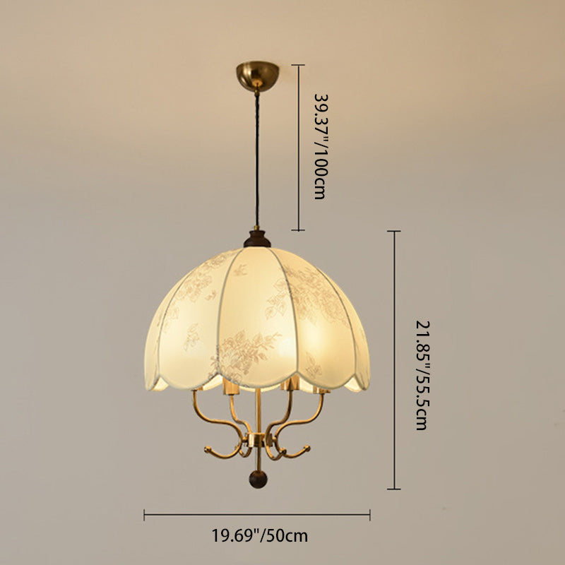 Traditional French Wood Iron Fabric Dome Flower Pattern 4/5 Light Chandeliers For Dining Room