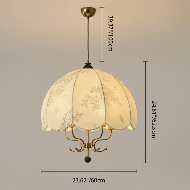 Traditional French Wood Iron Fabric Dome Flower Pattern 4/5 Light Chandeliers For Dining Room