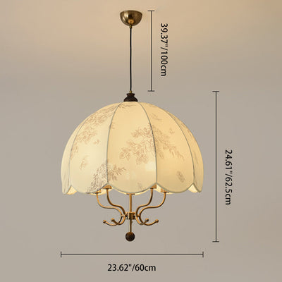 Traditional French Wood Iron Fabric Dome Flower Pattern 4/5 Light Chandeliers For Dining Room