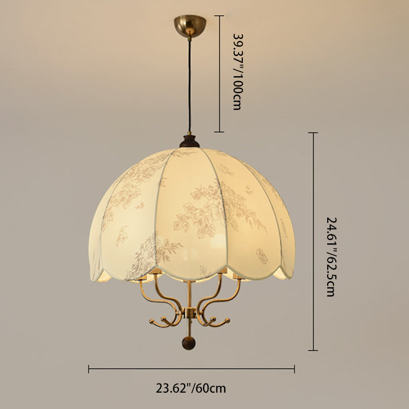 Traditional French Wood Iron Fabric Dome Flower Pattern 4/5 Light Chandeliers For Dining Room
