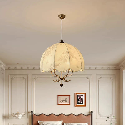 Traditional French Wood Iron Fabric Dome Flower Pattern 4/5 Light Chandeliers For Dining Room