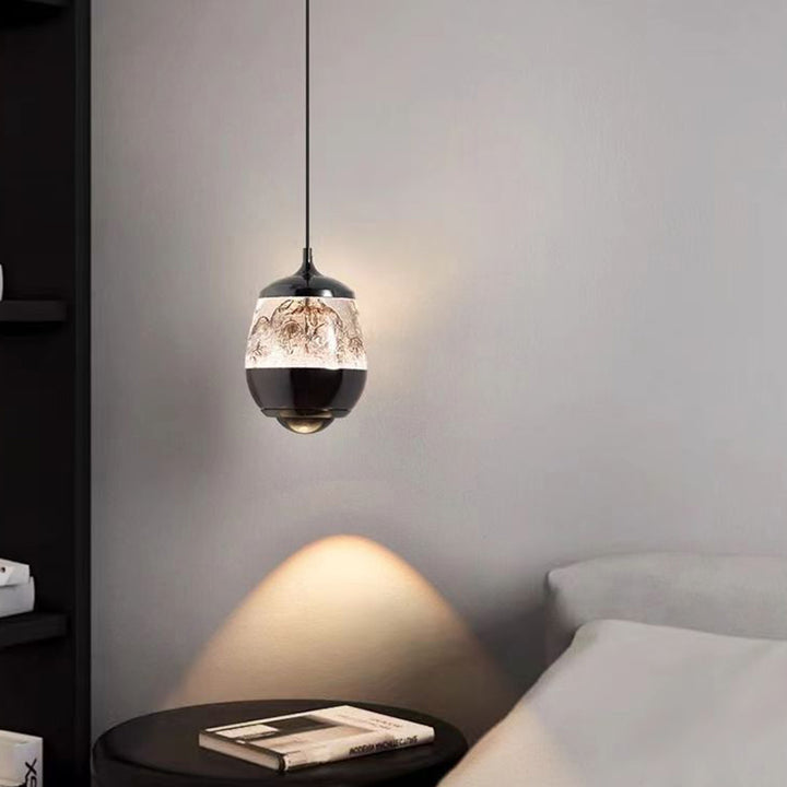 Contemporary Scandinavian Aluminum Acrylic Oval Snowy Mountain Liftable LED Pendant Light For Bedside