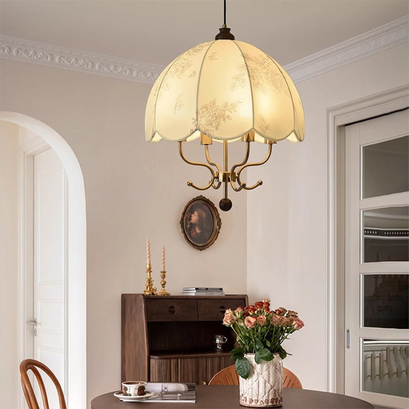 Traditional French Wood Iron Fabric Dome Flower Pattern 4/5 Light Chandeliers For Dining Room