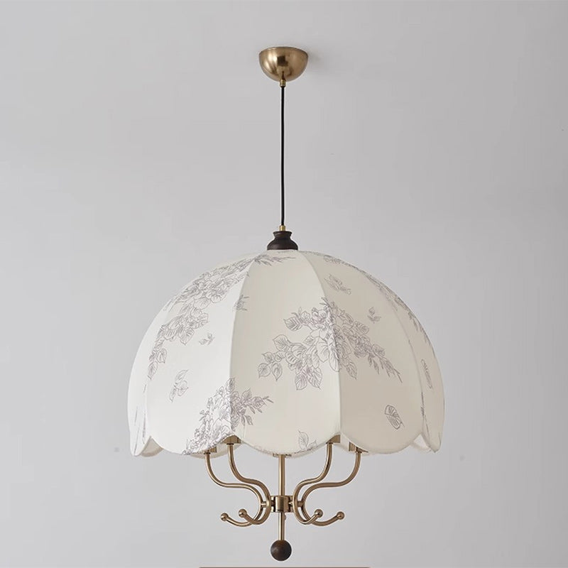 Traditional French Wood Iron Fabric Dome Flower Pattern 4/5 Light Chandeliers For Dining Room