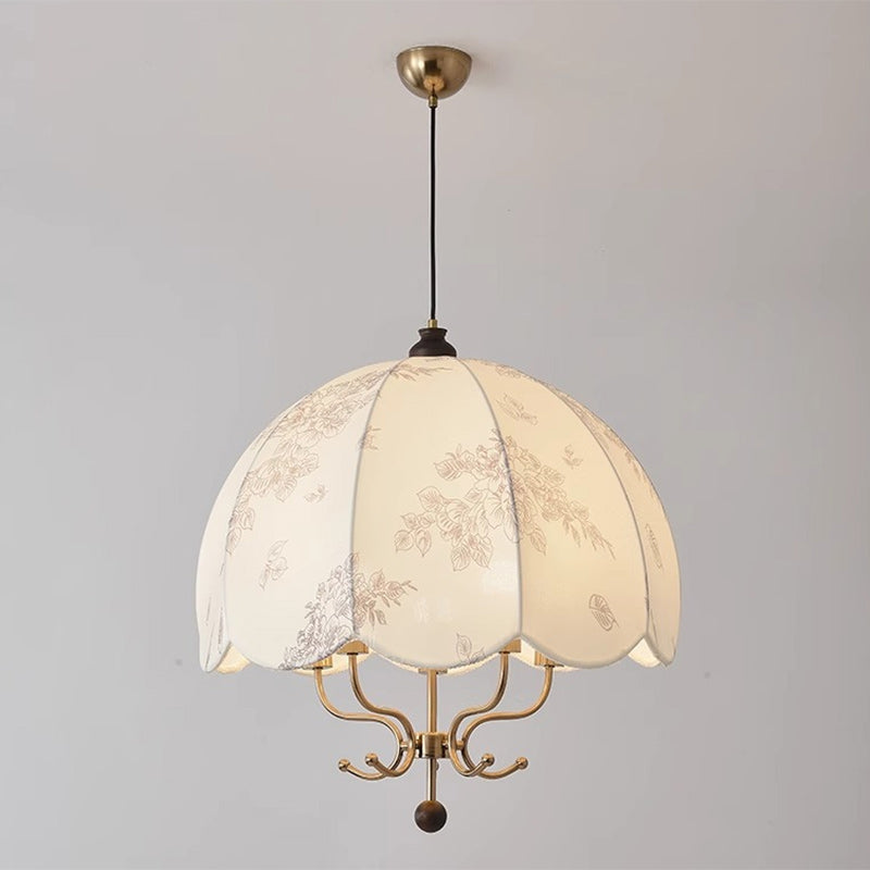 Traditional French Wood Iron Fabric Dome Flower Pattern 4/5 Light Chandeliers For Dining Room