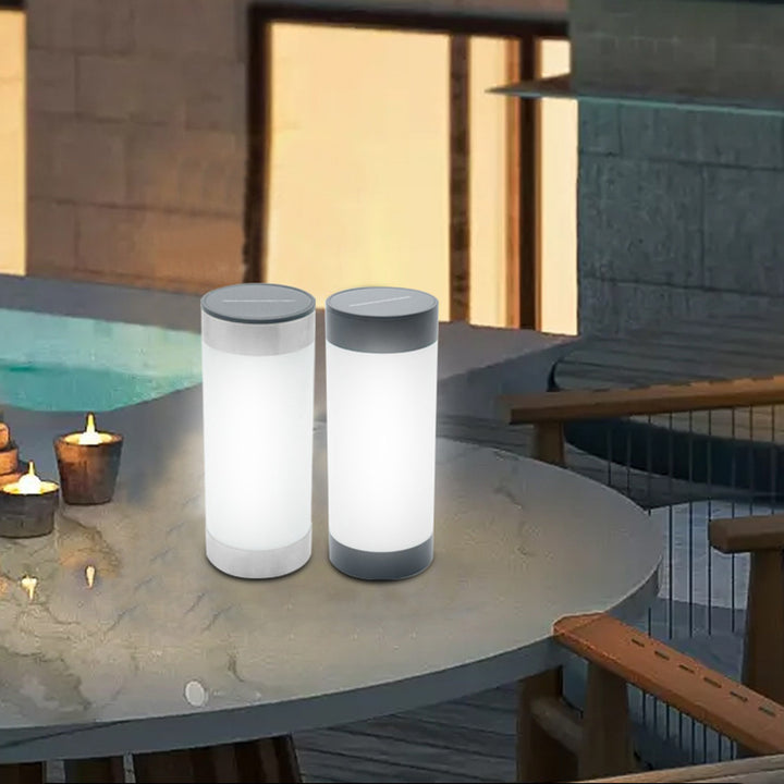 Lampe de table LED portable moderne minimaliste solaire étanche en acier inoxydable plastique verre cylindre pour patio extérieur 