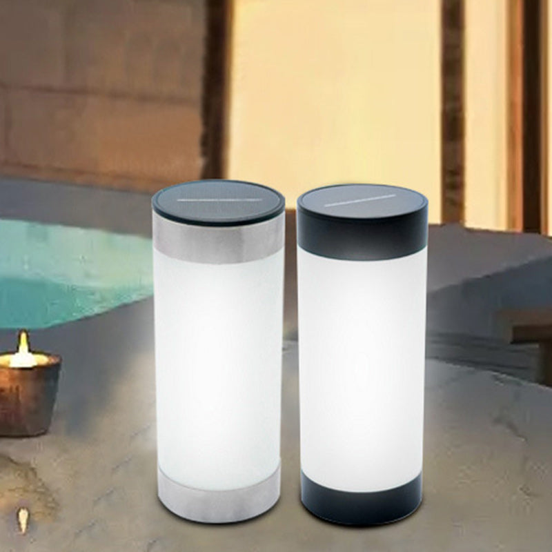 Moderne minimalistische solarbetriebene wasserdichte Edelstahl-Kunststoff-Glas-Zylinder tragbare LED-Außen-Tischlampe für den Außenbereich 