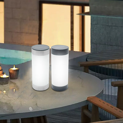 Modern Minimalist Solar Waterproof Stainless Steel Plastic Glass Cylinder Portable LED Outdoor Table Lamp For Outdoor Patio