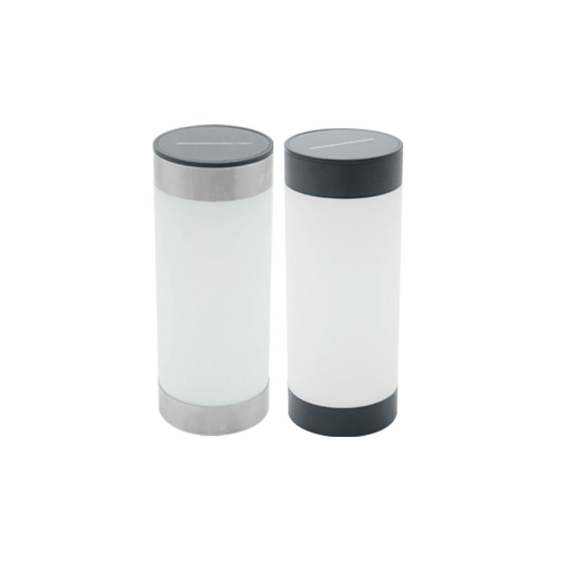 Moderne minimalistische solarbetriebene wasserdichte Edelstahl-Kunststoff-Glas-Zylinder tragbare LED-Außen-Tischlampe für den Außenbereich 