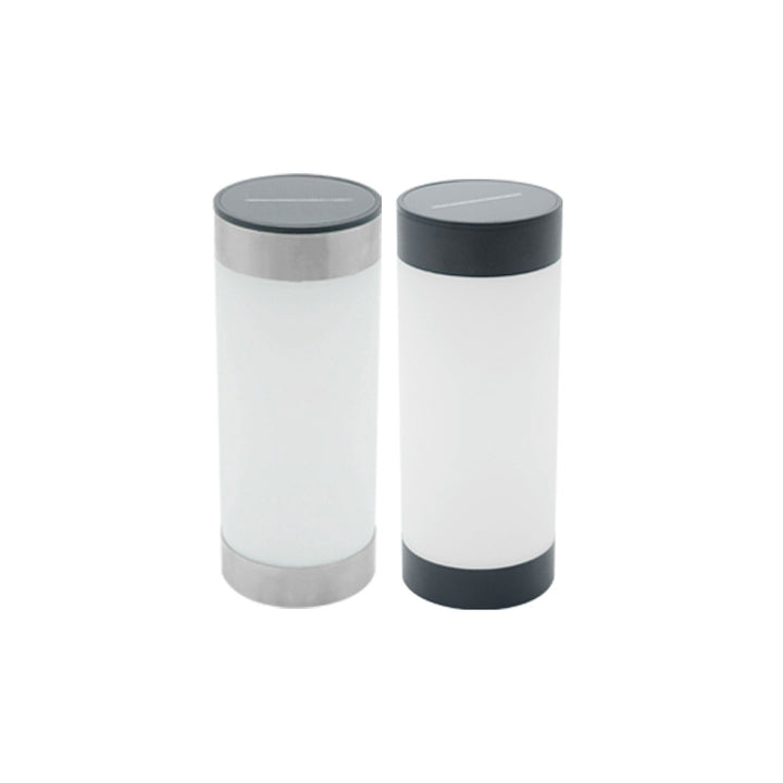 Moderne minimalistische solarbetriebene wasserdichte Edelstahl-Kunststoff-Glas-Zylinder tragbare LED-Außen-Tischlampe für den Außenbereich 
