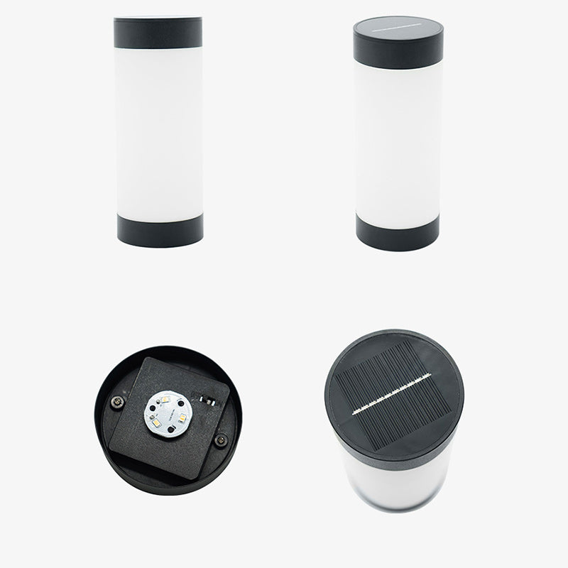 Moderne minimalistische solarbetriebene wasserdichte Edelstahl-Kunststoff-Glas-Zylinder tragbare LED-Außen-Tischlampe für den Außenbereich 