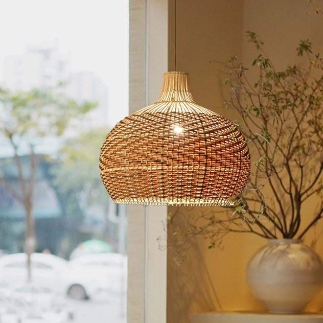 Traditional Farmhouse Weaving Rattan Iron Cylinder Oval Conic Round 1-Light Pendant Light For Dining Room