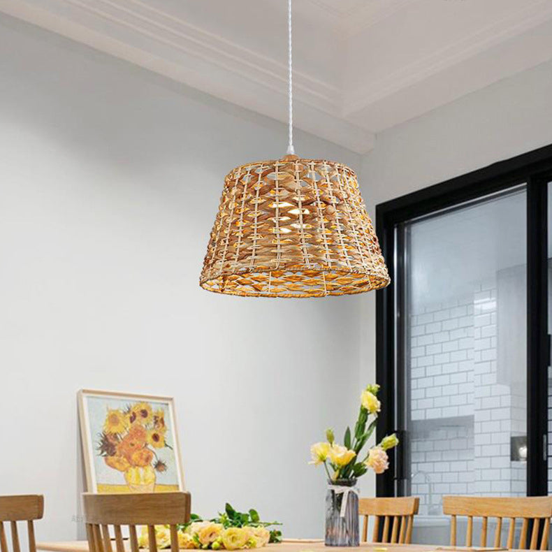 Traditional Farmhouse Weaving Rattan Iron Cylinder Oval Conic Round 1-Light Pendant Light For Dining Room