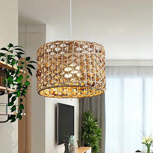 Traditional Farmhouse Weaving Rattan Iron Cylinder Oval Conic Round 1-Light Pendant Light For Dining Room