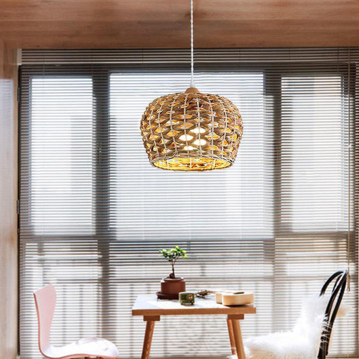 Tissage de ferme traditionnel en rotin fer cylindre ovale conique rond suspension 1-lumière pour salle à manger 