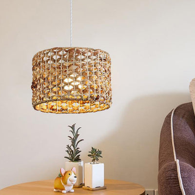 Traditional Farmhouse Weaving Rattan Iron Cylinder Oval Conic Round 1-Light Pendant Light For Dining Room