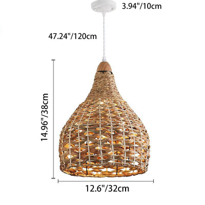 Traditional Farmhouse Weaving Rattan Iron Cylinder Oval Conic Round 1-Light Pendant Light For Dining Room